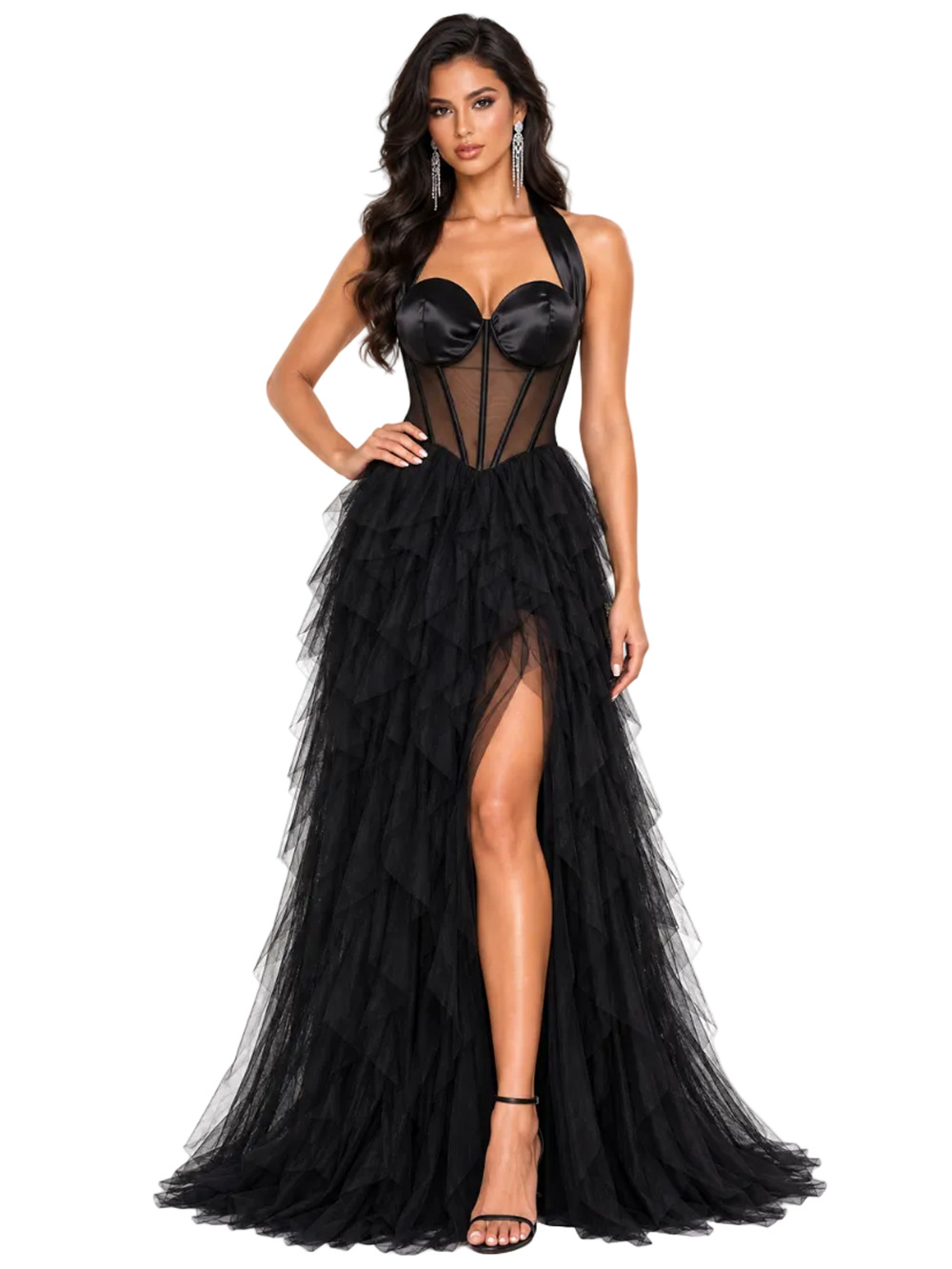 Black Mesh Corset Bustier Ball Gown with Layered Tulle Skirt – Size S